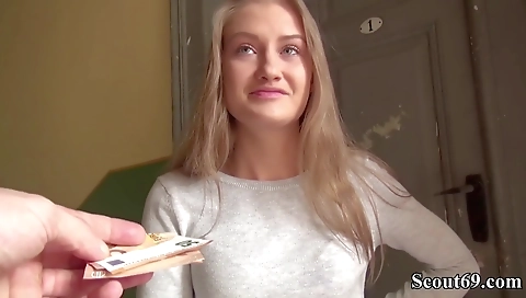 Sexy young blonde gets creampie from her first time